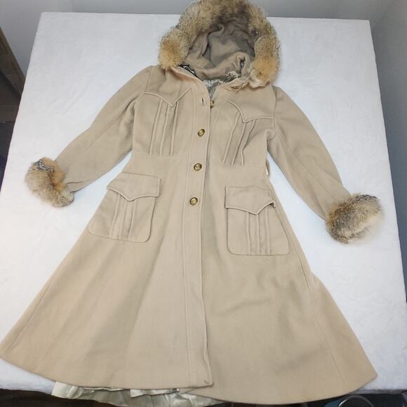 Vintage 1970s Wool Penny Lane Trench Coat Princess Cut Fox Fur Mob Wife Medium